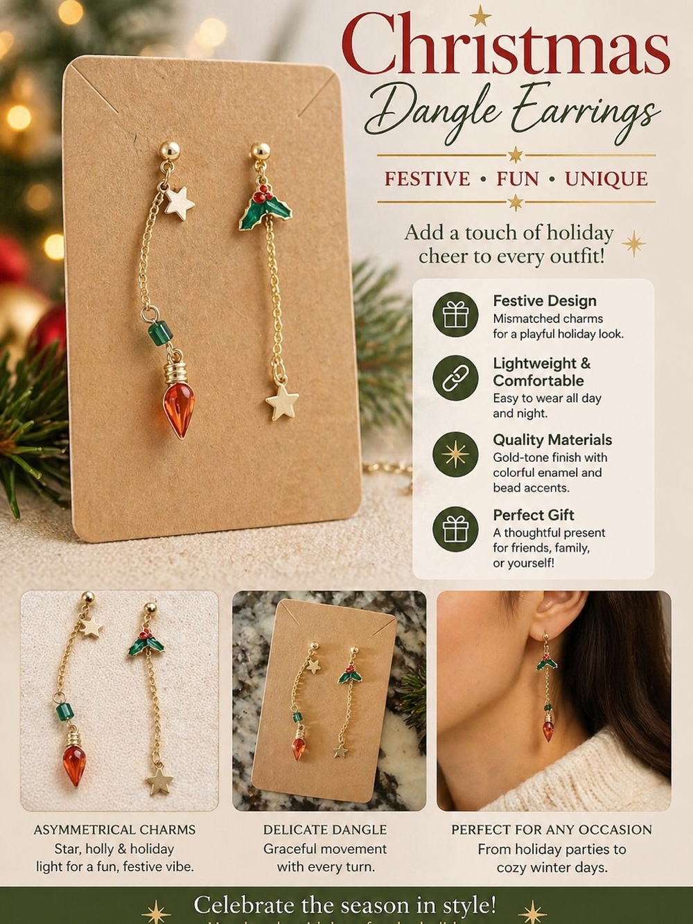 Gold Christmas Dangle Pendant Earrings